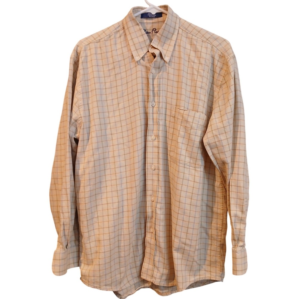 Alan Flusser Mens Medium Yellow Plaid Cotton Long Sleeve Button Down Shirt